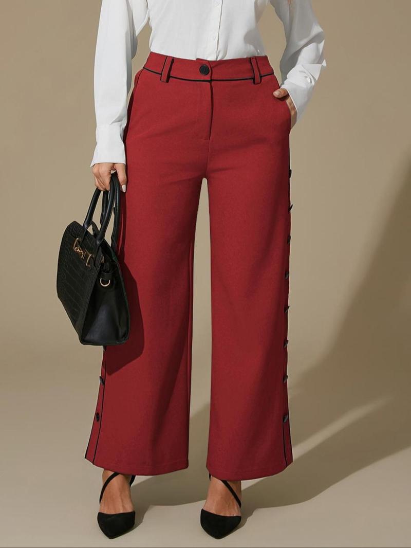 Product Introduction of Women's Colorblock Button Wide Leg Pants, Casual Comfy High Waist Trousers for Daily Wear, Ladies Bottoms for All Seasons 9