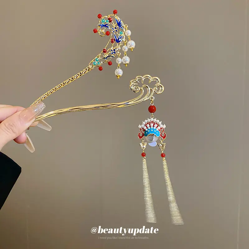 New Chinese style Peking Opera face, clouds, pearls, tassels, hairpins, retro Chinese style, back of the head hairpins, versatile hairpins, hair accessories for women perlas conch  pearl