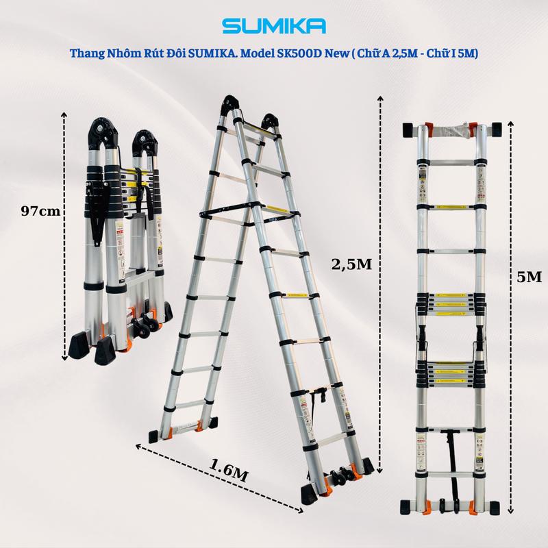 Thang nhôm rút đôi SUMIKA SK500D NEW, rút chữ A cao 2.5m, rút chữ I cao 5.0m, tải trọng 300kg 2