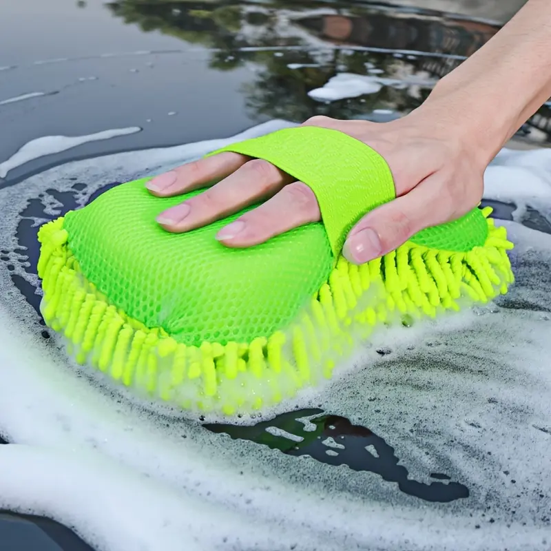 1pc Car Wash Mitt Chenille Microfiber Wash Sponge Scratch Free, Ultra Absorbent Microfiber Waffle Drying Towel For Car Detailing, Green, 9.05in * 5.11in * 2.75in