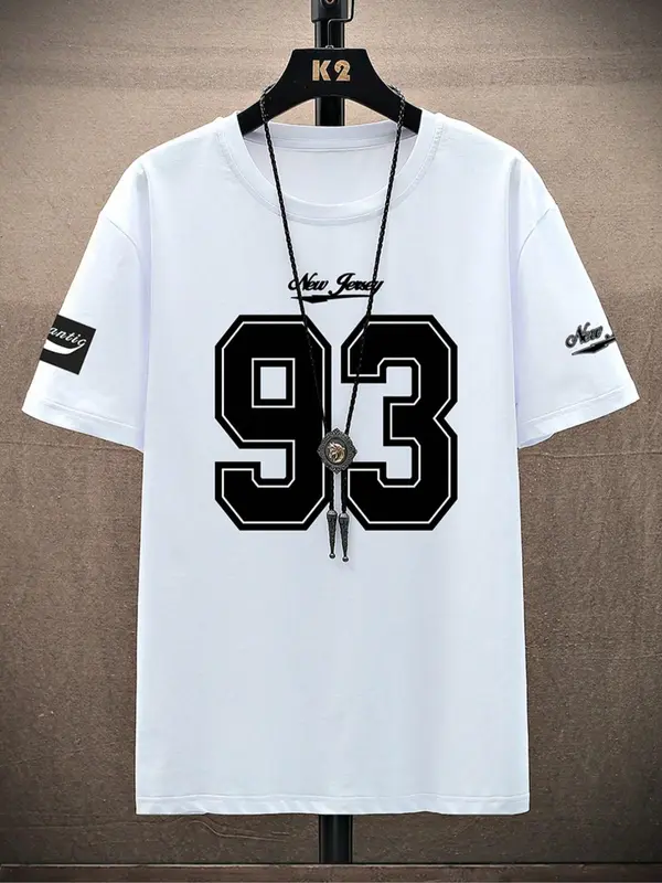 Men's Number 93 & Letter Print Short Sleeve Graphic Tee, Regular Fit Casual Round Neck T-shirt for Summer, Men's Top for Daily Wear 5