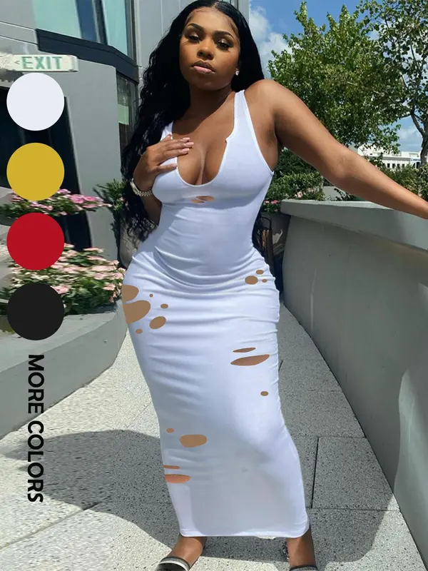 Women's Plain Ripped Notched Neck Bodycon Dress, Casual Sleeveless Long Dress for Summer, Ladies Clothes for Nightclub Party Daily Wear 2