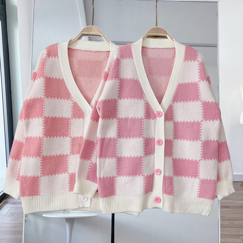 Áo Cardigan Len Nữ Caro Hồng Xinh Form Rộng