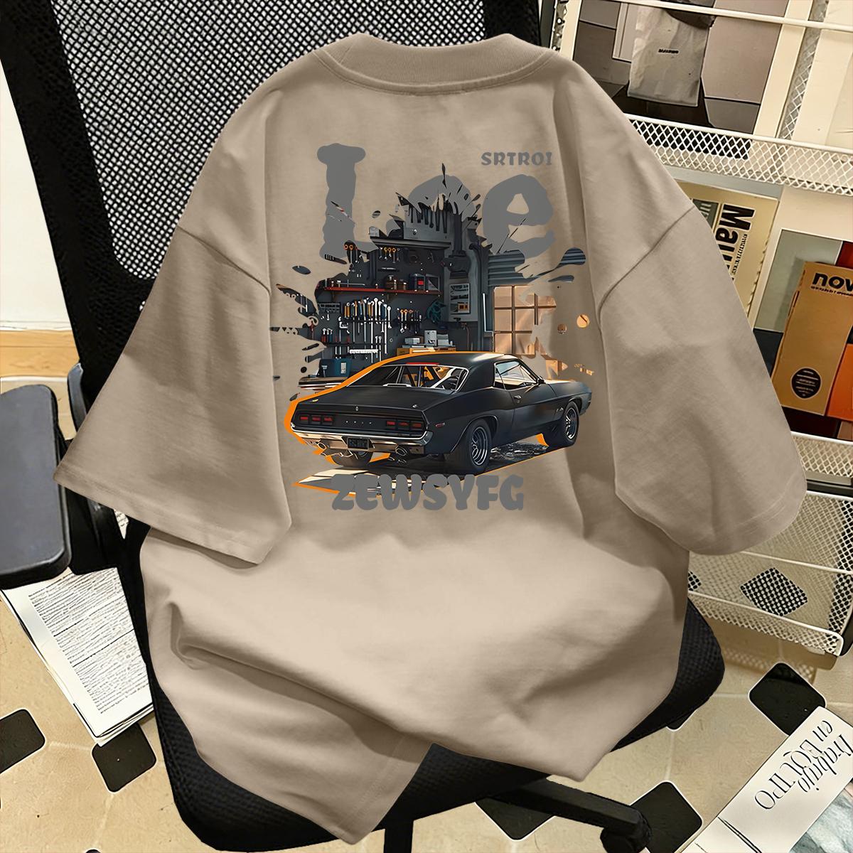 100% Katun Gaya Pakaian Kerja Retro Amerika, Kaos Lengan Pendek Motif Mobil Otot Retro, Garasi, Longgar, Kasual, Kerah Bulat, Unisex