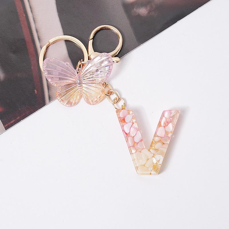 Product Introduction of [QQQ]Pink Dream Butterfly 26 Letters A To Z Resin Keychain 26 Initials White Stone  Leaf Pendant Keyring Backpack Charm Bag Decor 36