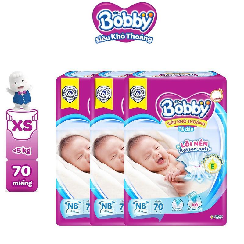 COMBO 3 Bobby Tã dán XS70 Siêu khô thoáng Lõi nén cotton soft cho bé sơ sinh