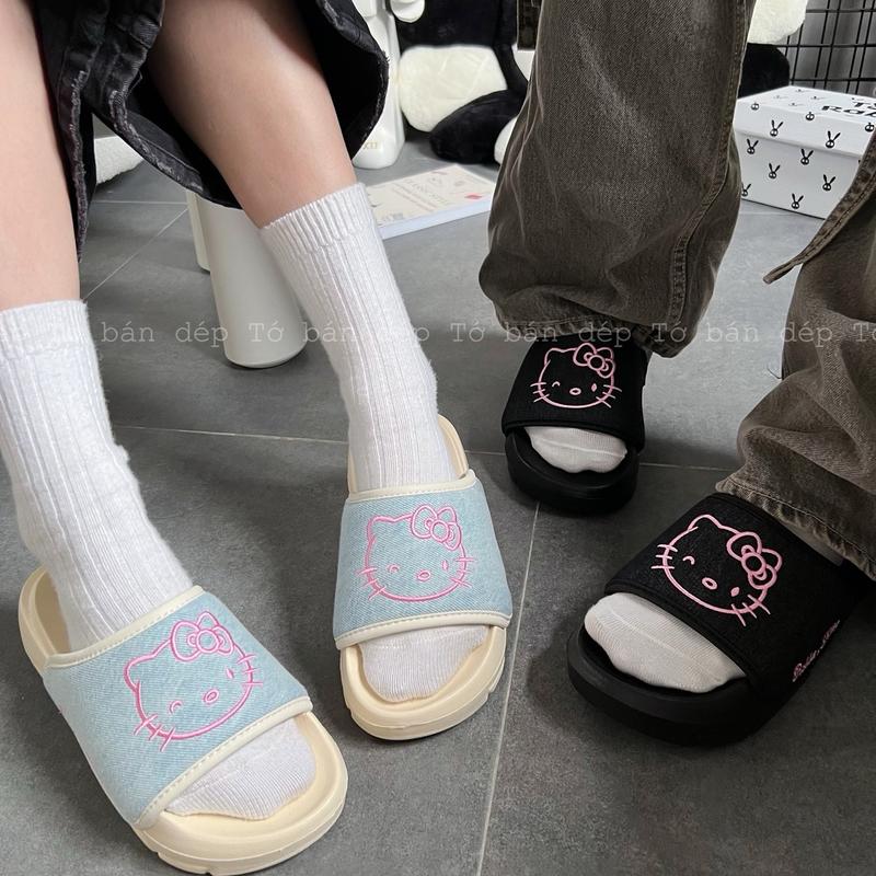 Dép Rabbit x Kitty thêu nổi denim xinh xắn cho nữ / Đế cao 4,5cm / Bảo hành 1 năm / Kèm hộp