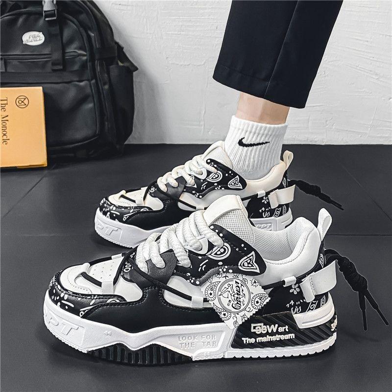 Giày nam sneaker ( Shoes ) đế cao 5cm, dây thừng họa tiết trắng đen độc lạ Thun Hoa - GH62