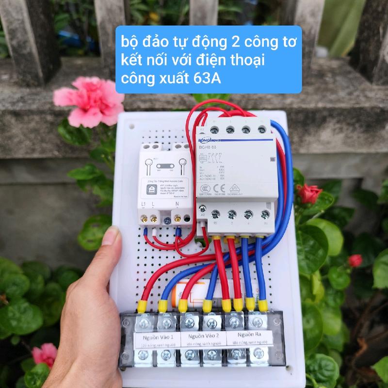  Bộ đảo nguồn tự động 2 công tơ kết nối với điện thoại công xuất 63A lắp cầu đấu bảng nhựa 
