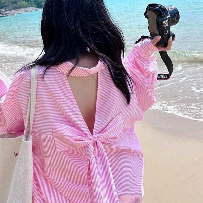 Áo  sơ-mi dáng rộng kẻ sọc cổ đức nơ sau bảng màu pastel xinh xắn 2