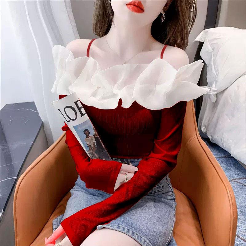 Áo Len Tăm Nữ Kiểu Đẹp 2 Dây Dài Tay Trễ Vai Phối Bèo Voan Dáng Trẻ Trung Nữ Tính Sang Trọng Lịch Sự 4 Màu Trắng Đỏ Hồng Đen Women Top Thun