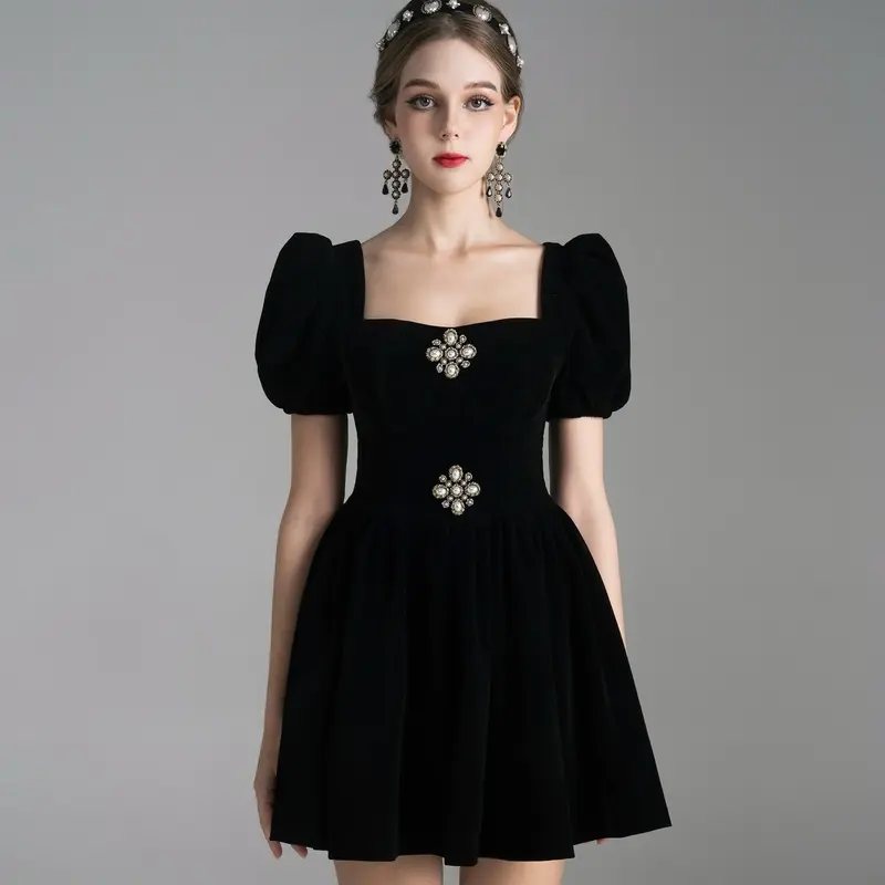 MOST - Đầm nhung tay bồng xoè đen Victoria Dress 0