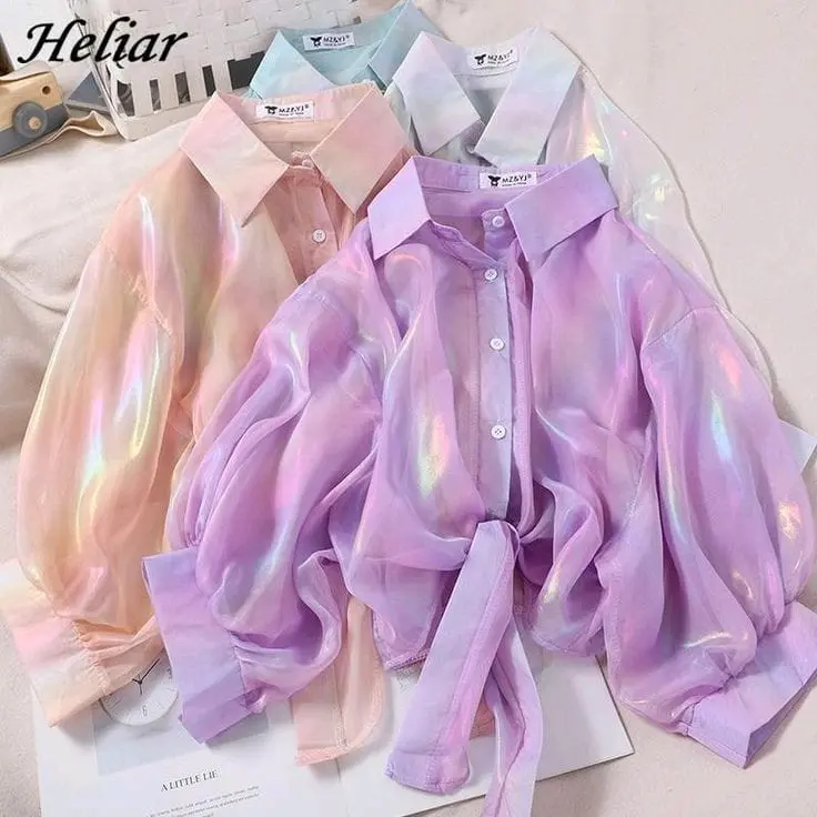 Aesthetich colourful simmer kemeja crop top // model baju ala korea Silk 5
