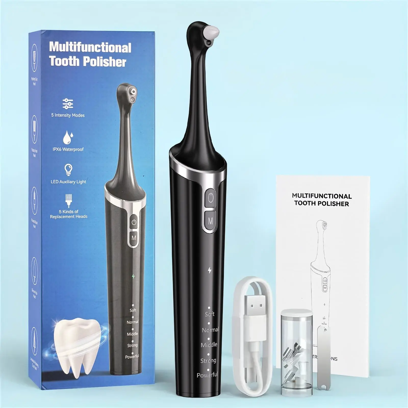 Electric Tooth Polisher, 1 Box Rechargeable Teeth Cleaner with 6 Counts Brush Heads & LED Light, Oral Care Product for Adults