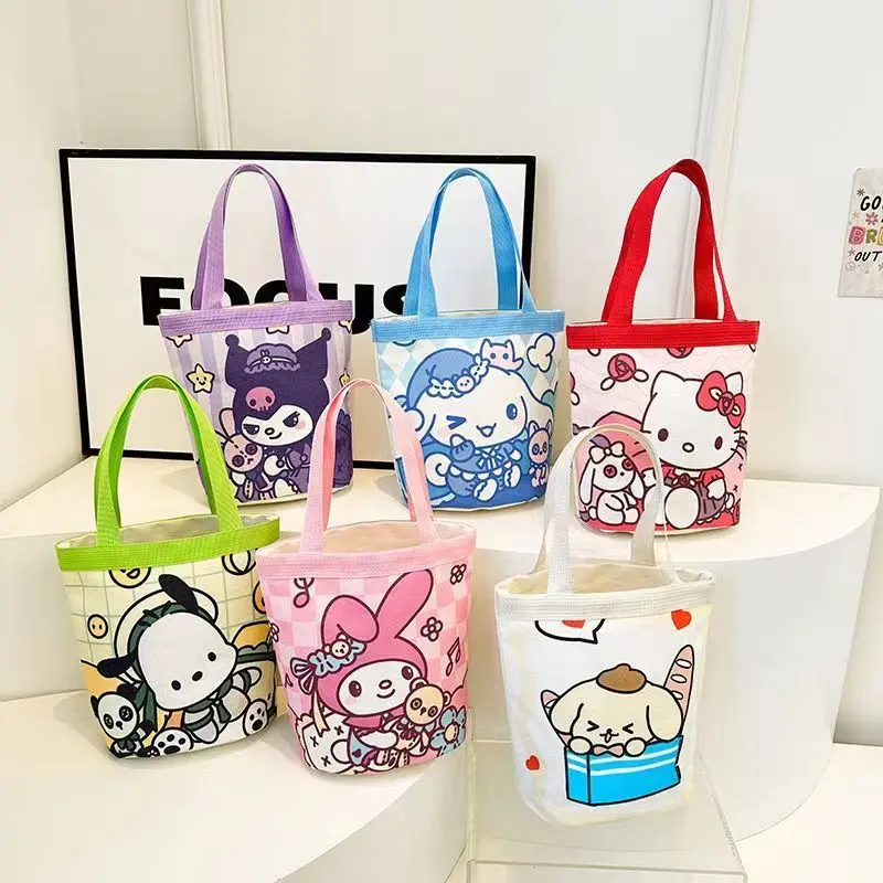 Cute Illustration 2024 Sweet Bucket Portable Canvas Bag Korean Style Girl Mummy Bento Work Bag