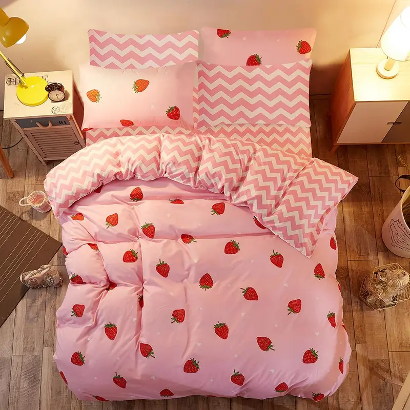 Strawberry & Chevron Pattern Duvet Cover Set, 2/3 Counts/set Including 1 Duvet Cover & 1/2 Pillowcase without Filler, Soft Comfortable Bedding Set for Home Bedroom, Bedsheet Sets 3