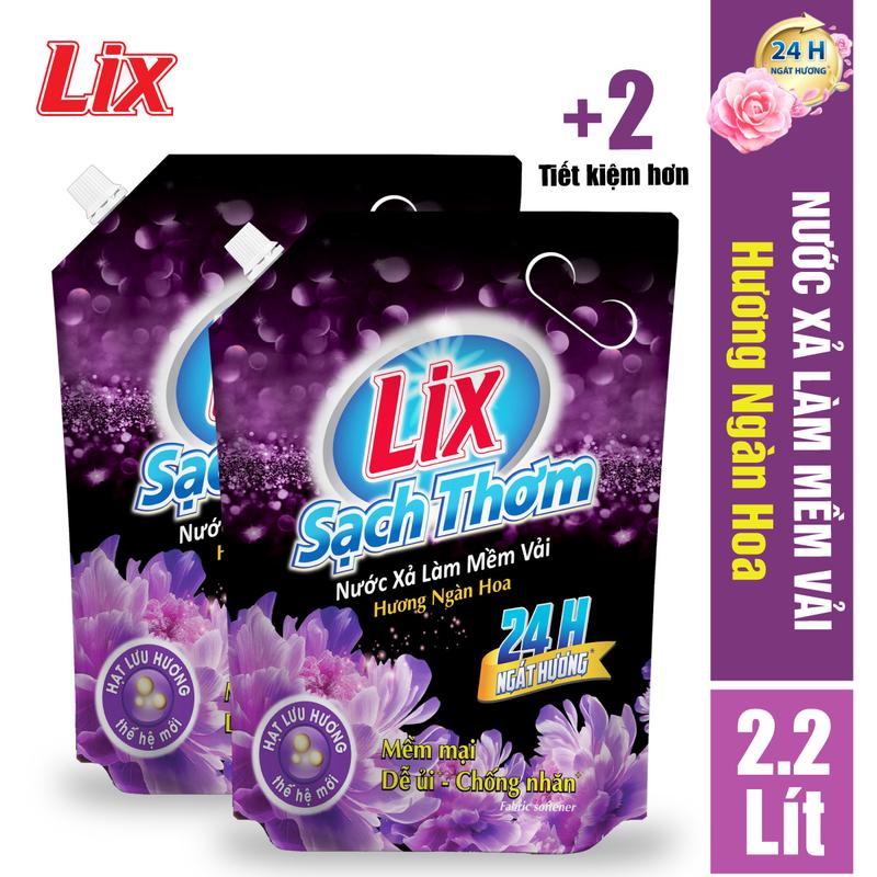 COMBO 2 TÚI Nước Xả Vải LIX Sạch Thơm Hương Ngàn Hoa, Dễ Ủi, Chống Nhăn (2 TÚI x 2.2 LÍT) - Mã 2C-L17702