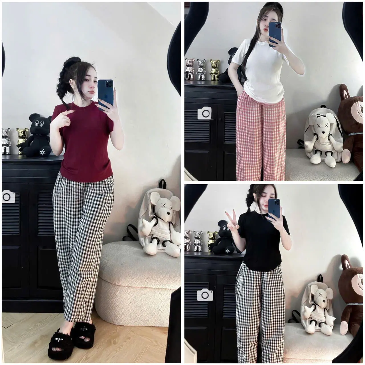 Sét bộ đồ nữ áo cotton trơn mix quần kẻ 40-55kg