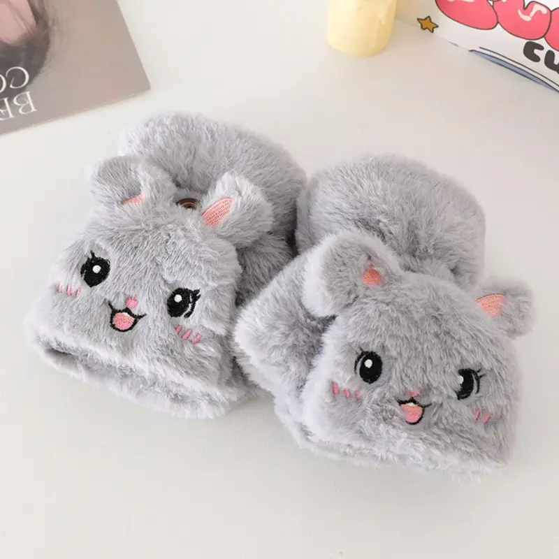 Găng Tay Hở Ngón Lông Thỏ Giả, Thời Trang, Thiết Kế Hình Thỏ Hoạt Hình, Dày Dặn Và Ấm Áp, Chất Liệu Nhồi Bông Mềm Mại, Thích Hợp Cho Mùa Đông, Lý Tưởng Để Đạp Xe 4