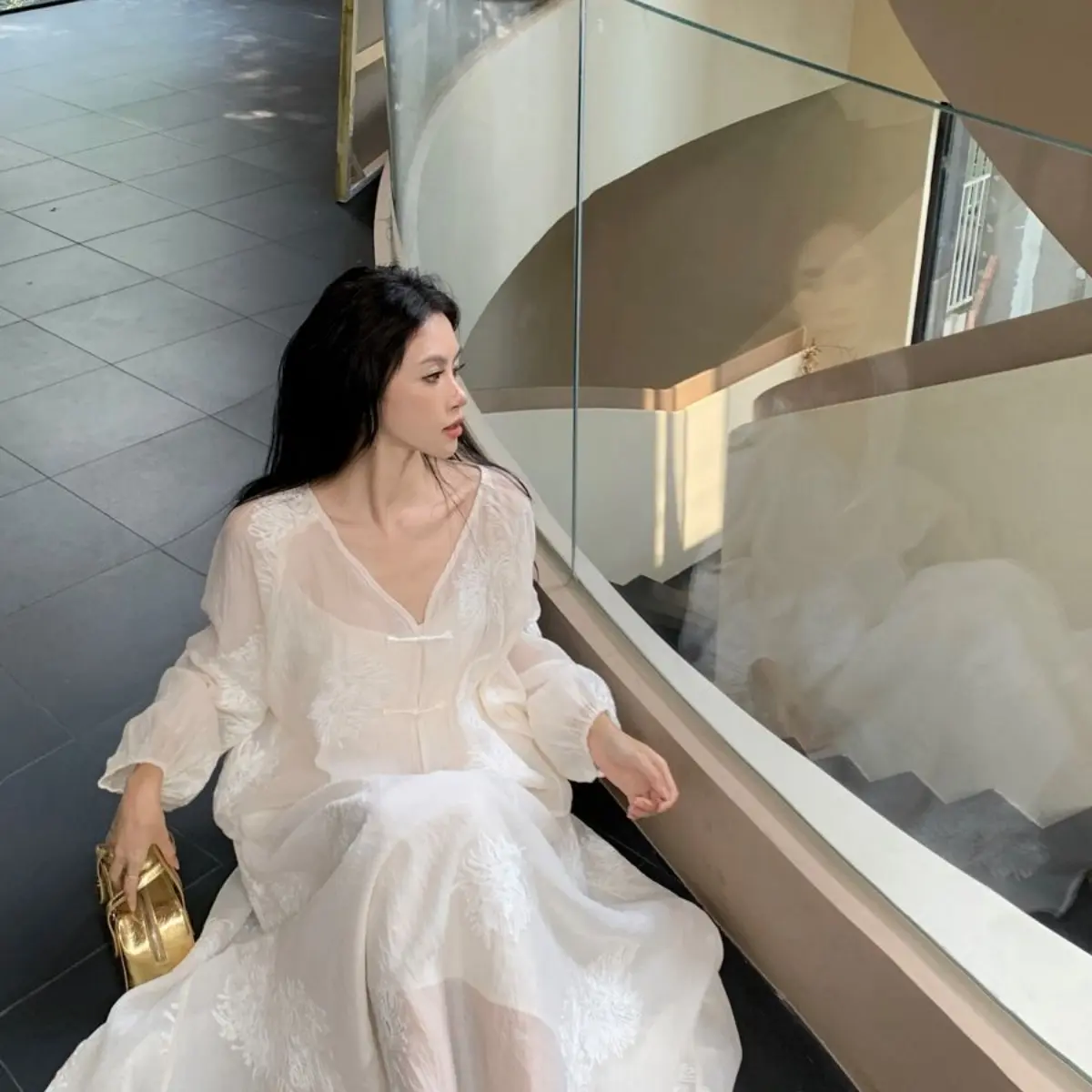 Bộ Đồ Nữ Phong Cách Trung Quốc Mới Thanh Lịch, Sương Mù, Áo Khoác Cổ Chữ V Dáng Rộng Màu Trắng, Váy Hai Dây Dáng Ôm Mùa Hè, Bộ Hai Mảnh đồ mua dong