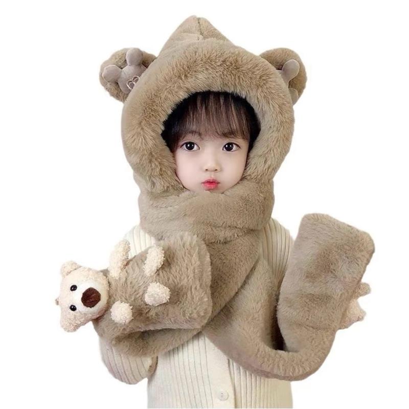  Mũ Nón Trùm Đầu Kèm Khăn Quàng Cổ Bao Tay 3in1 Cho Bé - Chất Liệu Lông Thỏ Mềm Mịn Họa Tiết Gấu Ngộ Nghĩnh - Free Voi Đeo Chéo 