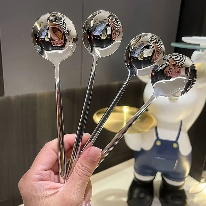 Stainless Steel Big Head Round Spoon Net Red Golden Dinner Long Handle Stirring Dessert Spoons For Kitchen Accessories Gadgets Coffee Cutlery