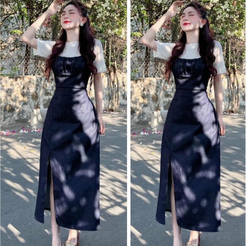  Set yếm váy Jeans xẻ tà thời trang nữ hai dây kèm áo trắng ngắn tay borip dành cho các nàng dễ thương  thanh lịch 