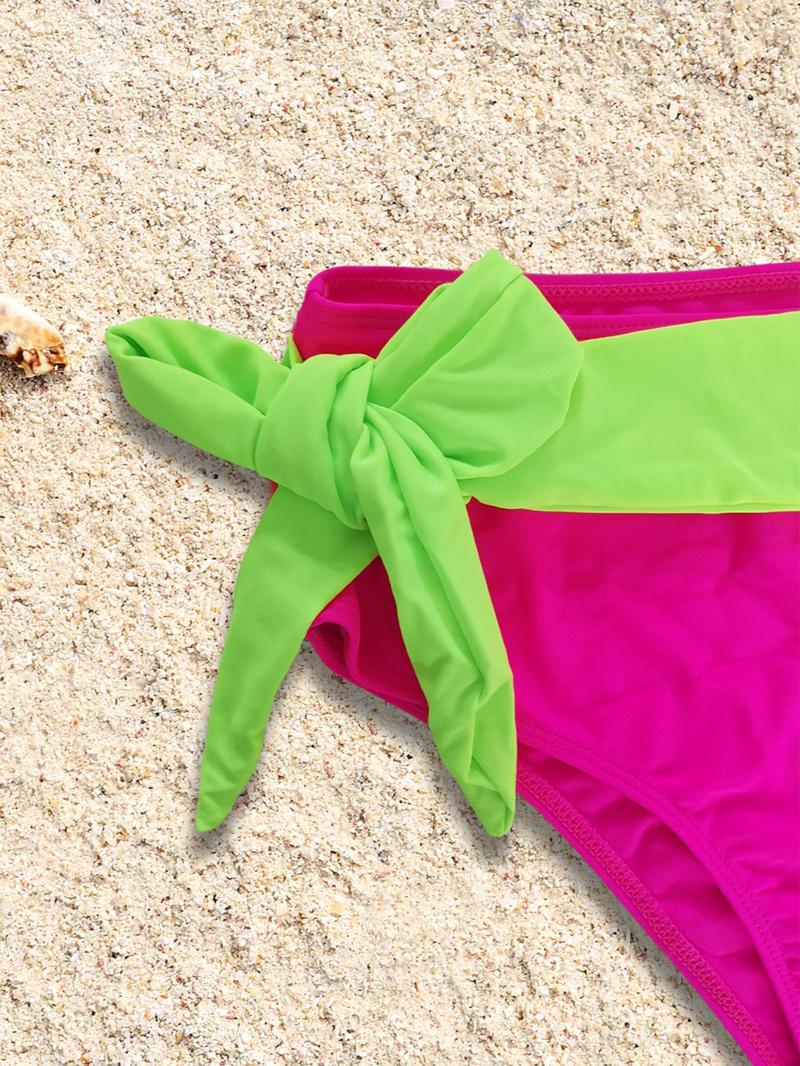 Product Introduction of Women's 2pcs Colorblock Wrap Knot Halter Bikini Top & High Waist Bikini Bottom Bikinis for Summer 2024, Contrast Two-Tone 2 Piece Swimwear for Summer, Women's Swimsuit for Beach Holiday 12
