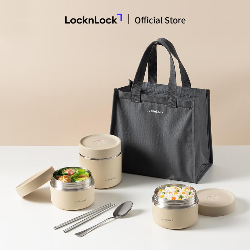 Bộ 3 hộp cơm giữ nhiệt thép không gỉ LocknLock Pump Vacuum Lunch Box LHC8052S02 - 2 Màu, kèm túi đựng cơm cách nhiệt, bộ muỗng đũa