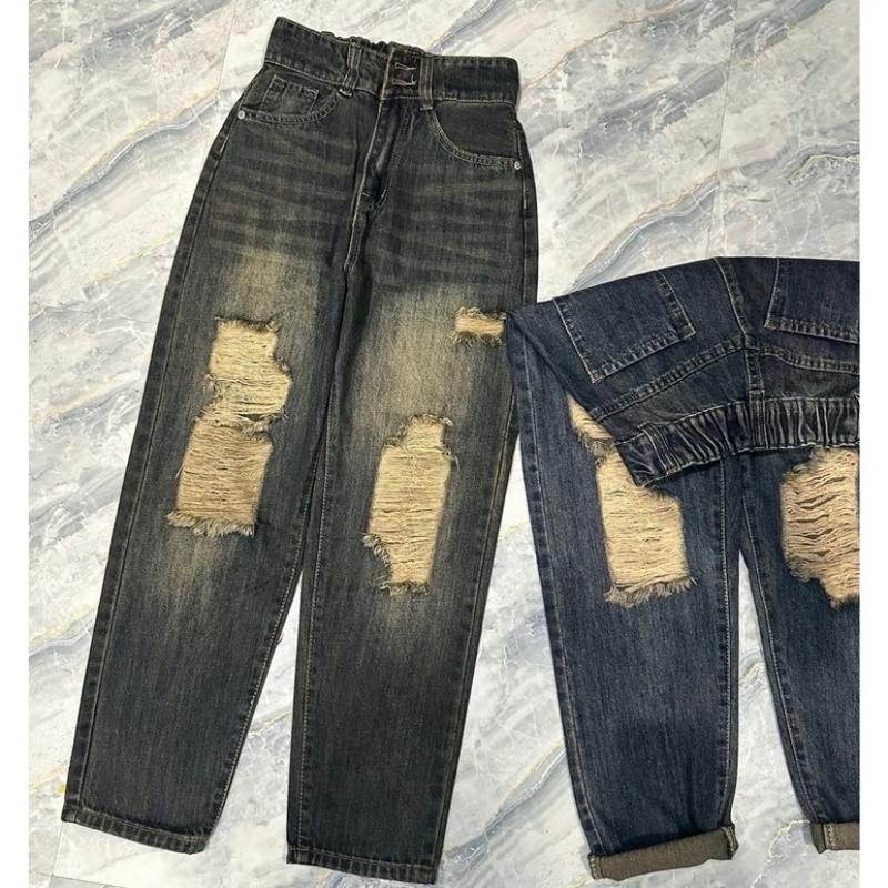[01] Quần Jeans Baggy Lưng Chun 2 Khuy Rách 2 bên màu Bụi Có Túi Pants 0