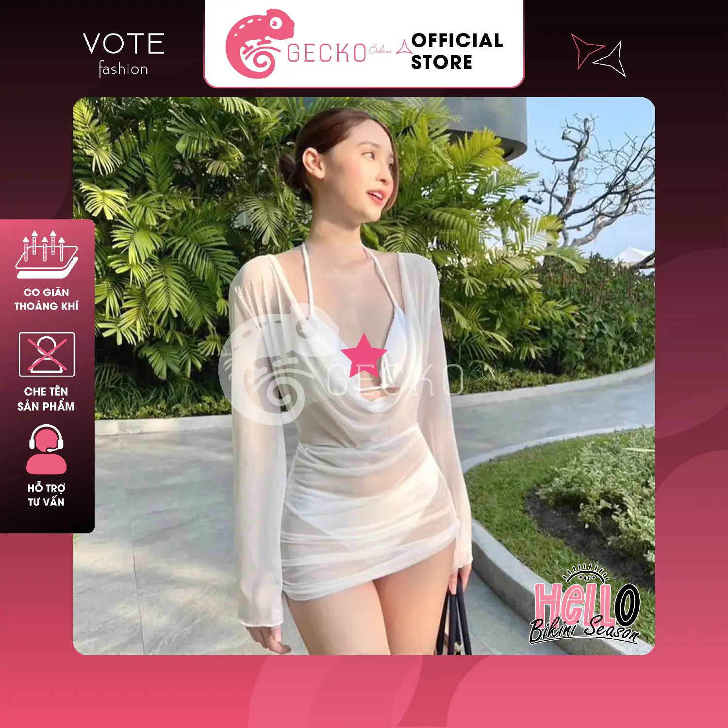 Áo Lưới Cổ Đổ GECKO Xuyên Thấu Mặc Kèm Bikini Ôm Body Dáng Ngắn 3PK27 (Ảnh Thật, Kem, Top, Trắng) Nữ Women