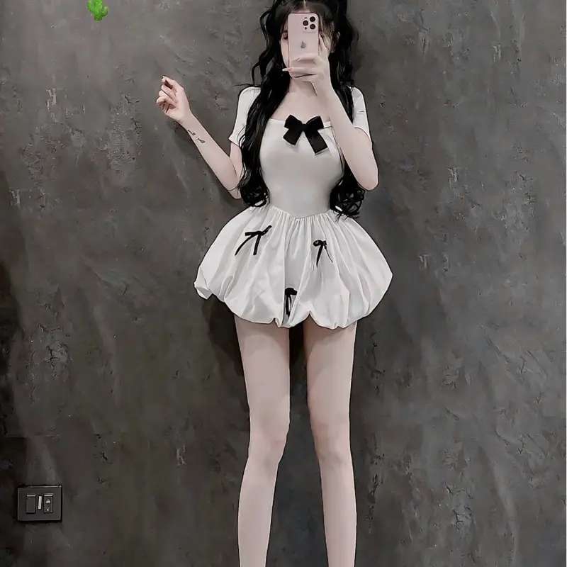 Đầm xoè tay ngắn đính nơ chất liệu thun gân + kate giãn dưới 53kg xinh trẻ trung Nữ Tre Dress Voi Màu Trắng Women Nhung 3