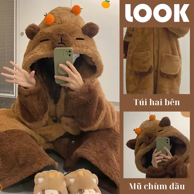 Áo choàng/Váy/ Bộ liền ngủ lông dài tay Capybara, Bộ đồ ngủ nữ mùa đông Capybara Áo ngủ Capybara Bộ Đồ Ngủ Vải Bông Nhung Capybara Dễ Thương T23 0