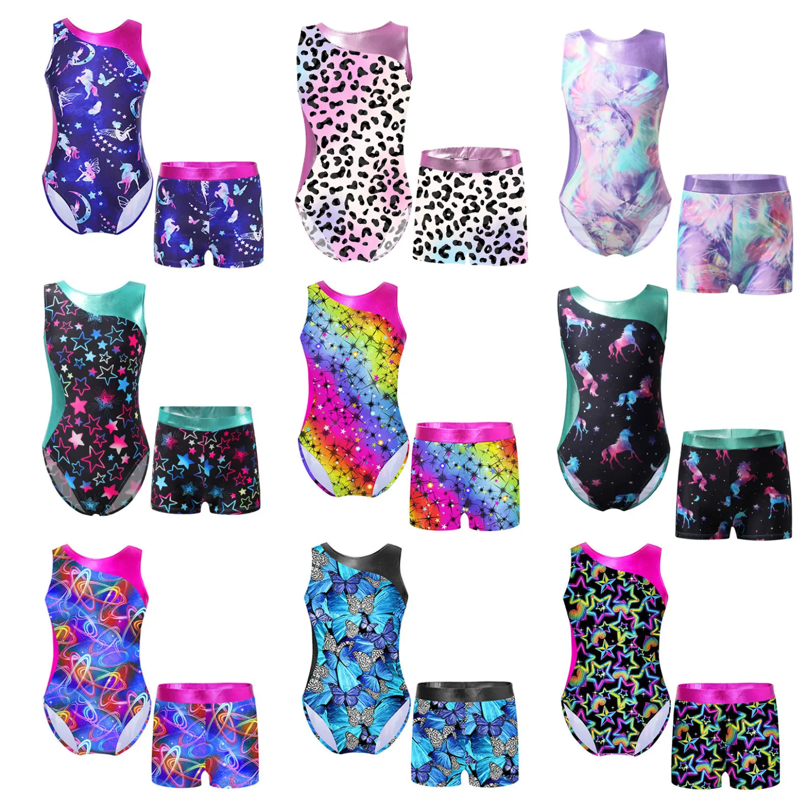 Sholeno Kids Girls 2 Piece Gymnastics Dance Outfits Sleeveless Metallic Dancewear Leotard with Shorts Sets