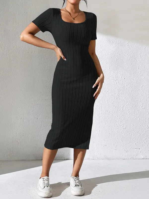 Women's Plain Split Thigh Square Neck Short Sleeve Dress, Summer, Summer Clothes, Dresses Summer, Summer Clothes Casual Short Sleeve Midi Dress, Women's Clothing 4