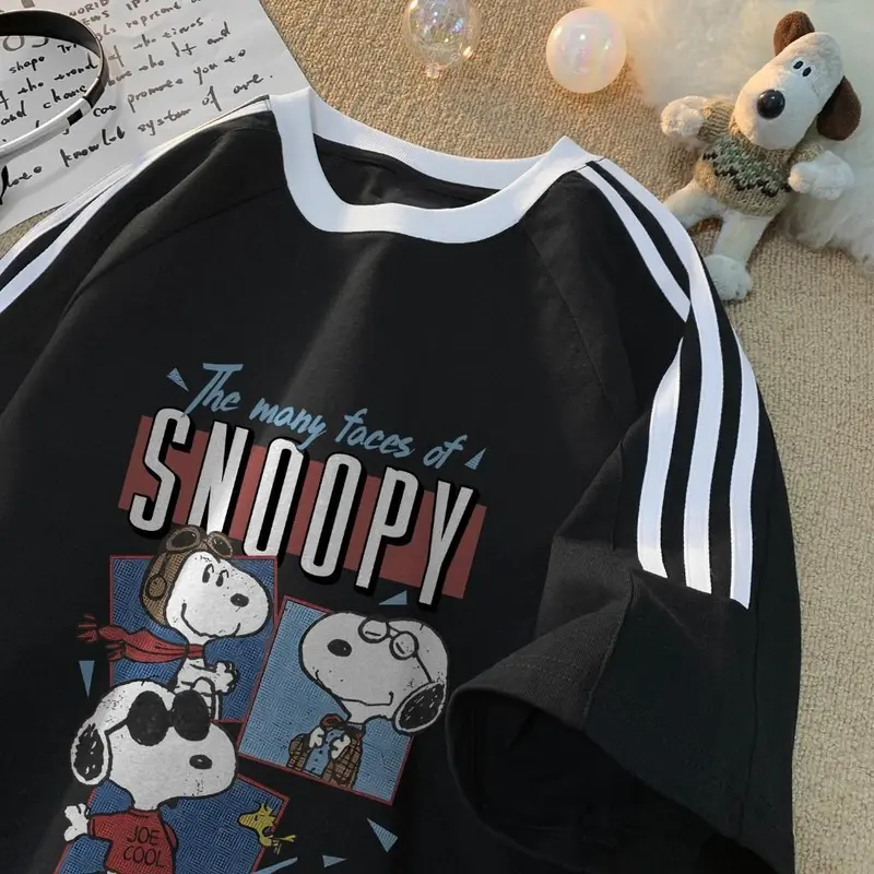 Tshirt Lengan Pendek Garis Tiga Baju bola Snoopy Korean Style Kaos Longgar 100% Cotton 0