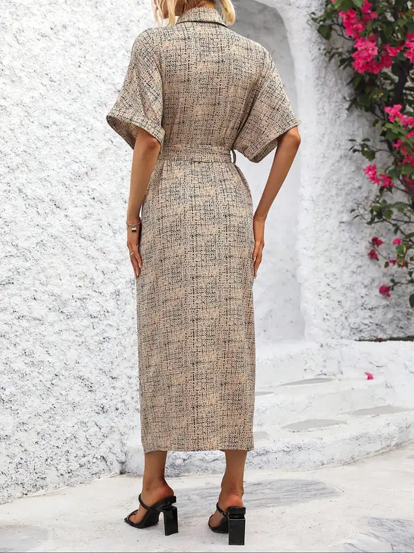 Women's Belted Button Dress, Casual Short Sleeve Collar Long Dress for Summer, Women's Clothing for Daily Wear 1