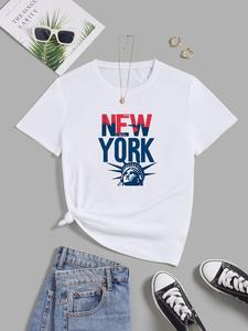 Independence Day Themed, ImprinTee Women's Figure & Letter Graphic Round Neck Tee, Fashion Casual Crew Neck T-Shirt for Daily Holiday Vacation Outdoor Streetwear, Ladies Summer Clothes