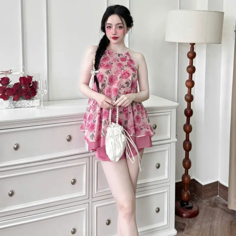 Yếm ngủ áo voan phối tơ 2 lớp, quần lụa latin LADY Đồ ngủ nữ cao cấp mềm mát, nhẹ tênh, mặc lên cực kỳ tôn dáng – xinh nhẹ nhàng mà cuốn 1