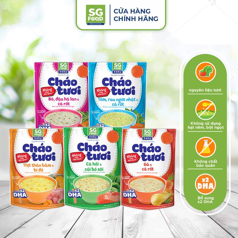 Lốc 53 - Combo 5 Cháo Tươi SG FOOD Baby, gói 240g (Gà, Thịt Bằm, Bò, Tôm, Cá Hồi)
