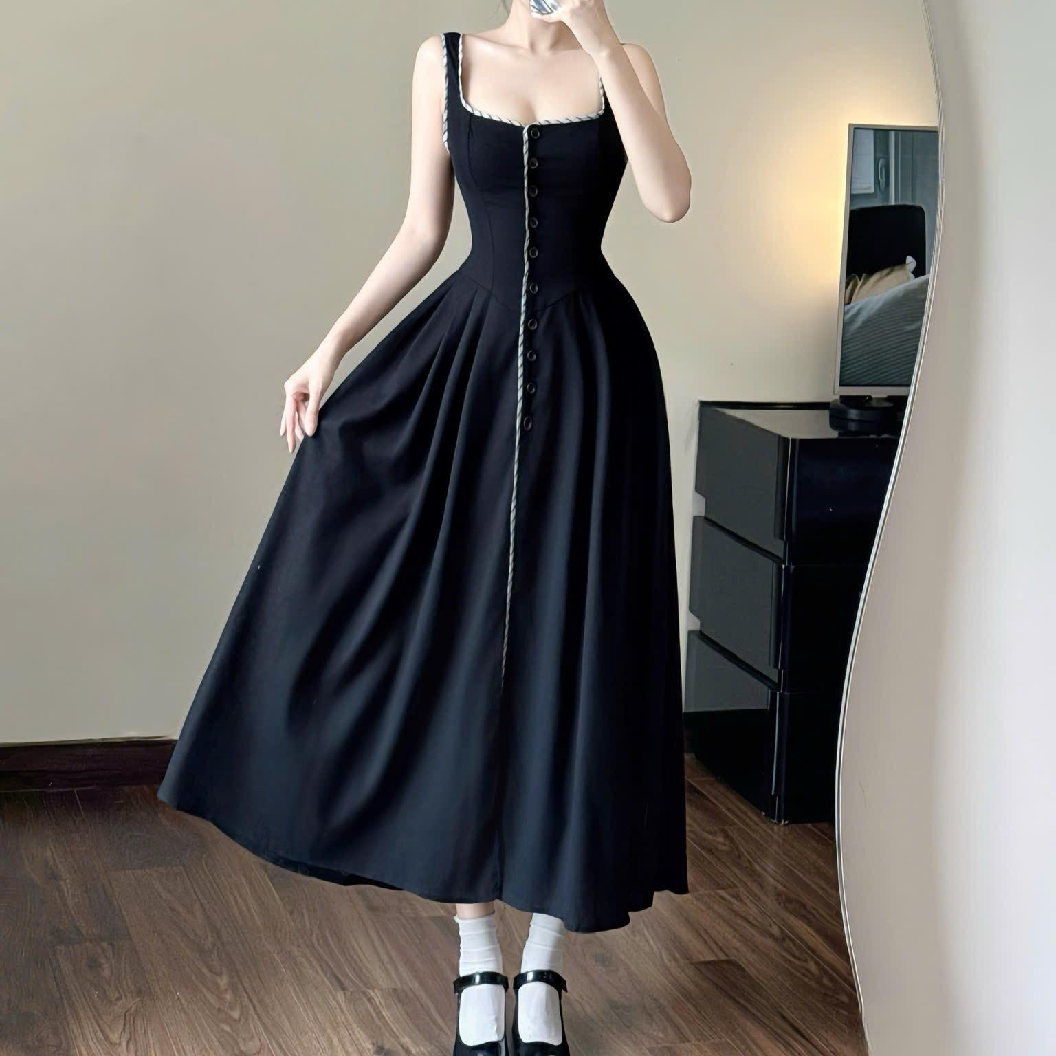 [MAISEY 2283] ĐẦM CỔ VUÔNG CỔ ĐIỂN CÀI NÚT DÀI XOÈ DÂY THẮT NƠ SAU