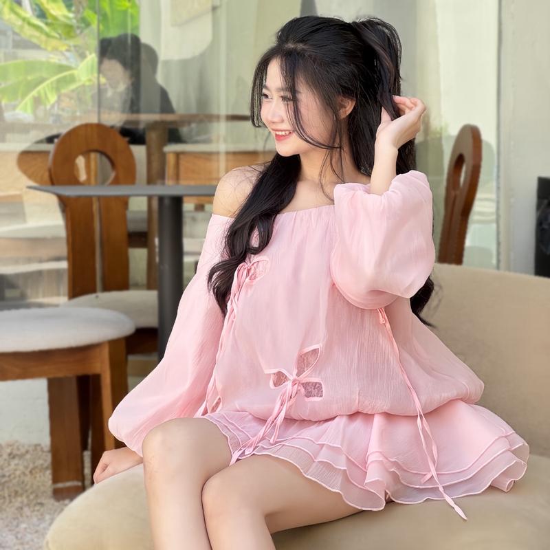 Đàm - Váy Babydoll phối ren hoa rút Dáng Bí Tay Bồng Tiểu Thư S48