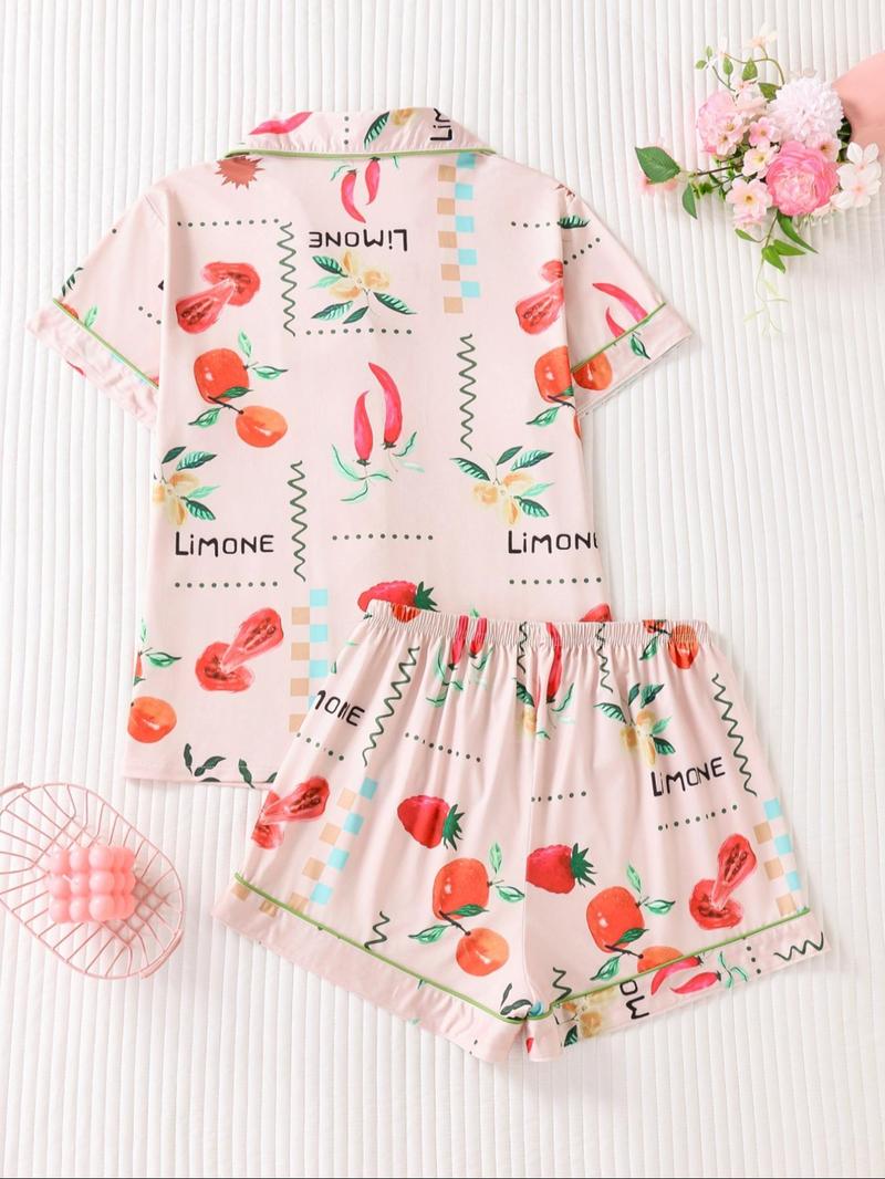Product Introduction of Two-piece Set Women's Fruit Print Lapel Neck Button Front Pajama Set, Casual Comfy Pastel Short Sleeve Pocket Top & Elastic Waist Shorts Pj Set, Ladies Sleepwear for All Seasons 8