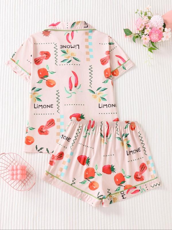Two-piece Set Women's Fruit Print Lapel Neck Button Front Pajama Set, Casual Comfy Pastel Short Sleeve Pocket Top & Elastic Waist Shorts Pj Set, Ladies Sleepwear for All Seasons 7