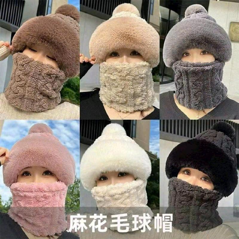 Mũ quả bông kèm khăn quàng bịt kín ấm áp cho mùa đông họa tiết len nổi Hat Nón Women Nữ 7