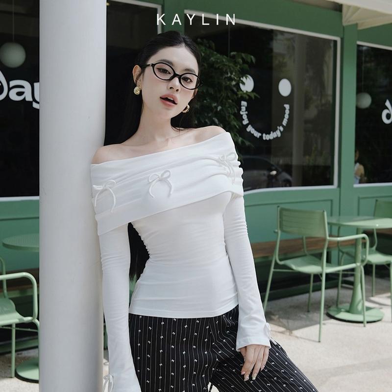 Áo Kiểu KAYLIN Trễ Vai Đính Nơ Chất Vải Thun Gân Cotton Co Giãn Phong Cách Gợi Cảm - N2333 Nữ Women Top
