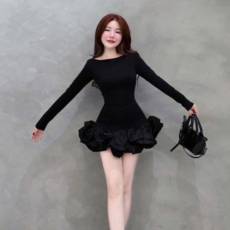 Đầm TK Nhũ Tay Dài Phối Dây Lưng Form Xoè Tầng Chuẩn Form 3 Màu Siêu Hot Nữ Women Dress Đọc kĩ mô tả