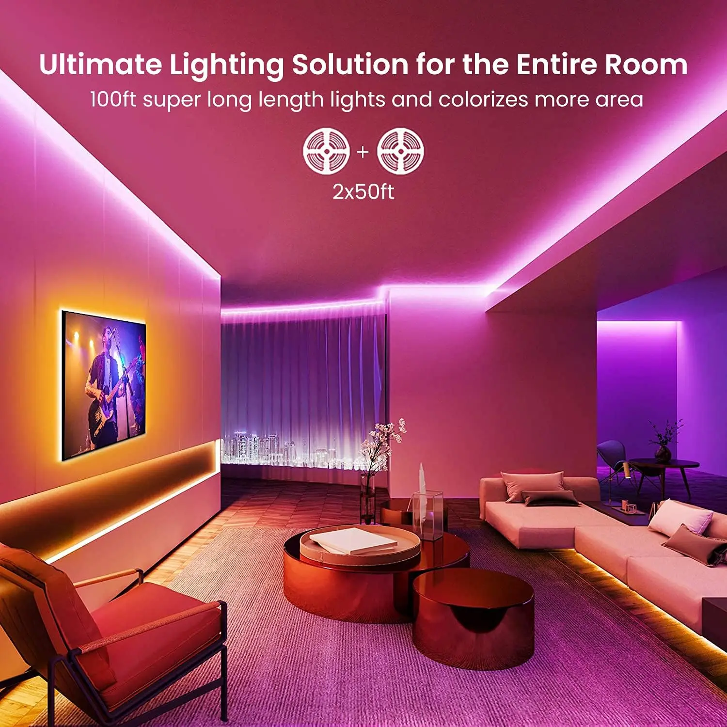 GUPUP 50FT*2(30.4 meters long) LED Strip Lights,Bluetooth LED Lights for Bedroom, Color Changing Light Strip with Music Sync, Phone Controller and IR Remote(APP+Remote +Mic).