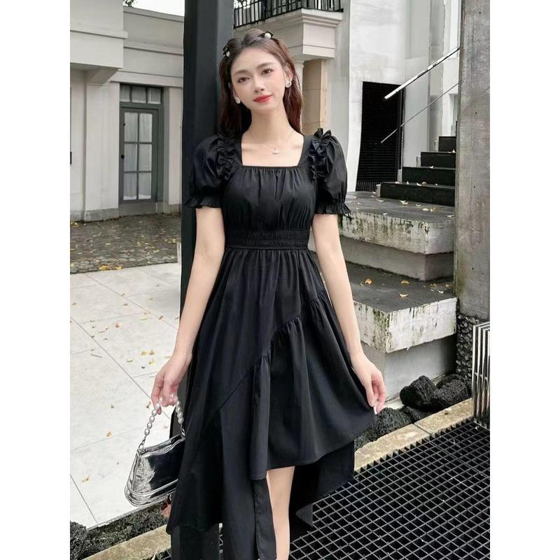 Plus Size MM French Style Slimming Fashionable Elegant Irregular Hem Design Waist-Cinching Summer Puff Dress Casual Womenswear 3