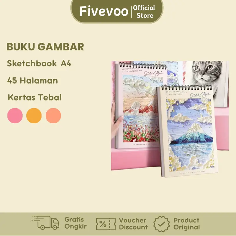 FIVEVOO Buku gambar/ Buku Melukis/ Sketchbook A4 / Buku Gambar Aesthetic/ Buku Gambar Vertikal Jilid Spiral 45 Halaman/ Buku Melukis 0